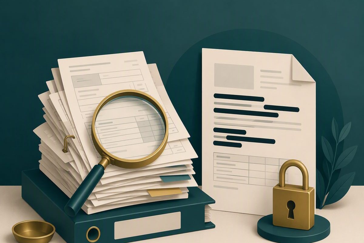 Stilisierte Buchhaltung: Belege werden digital sortiert und geprüft