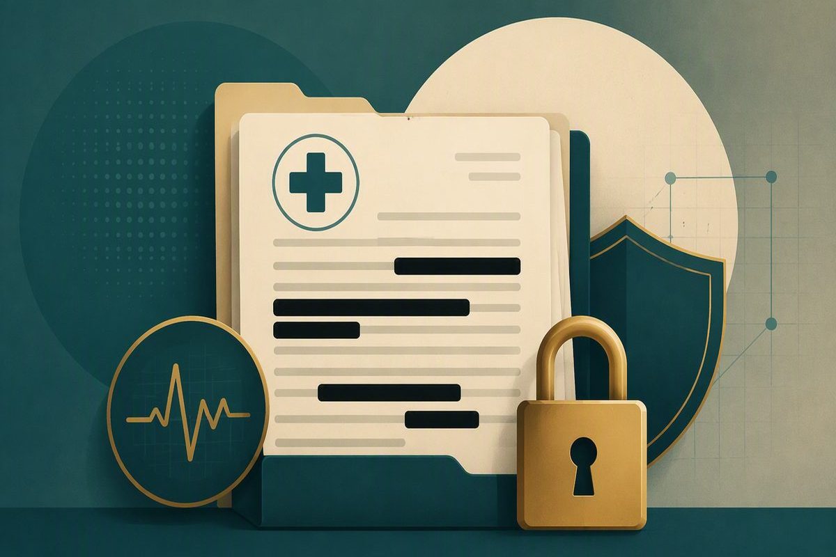 Stilisierte Patientenakte, deren persönliche Angaben geschwärzt werden