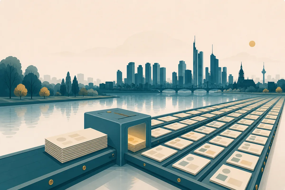 Aus einer echten Datenstruktur werden künstliche Testdatensätze in gleicher Form erzeugt, im Hintergrund die Frankfurter Skyline